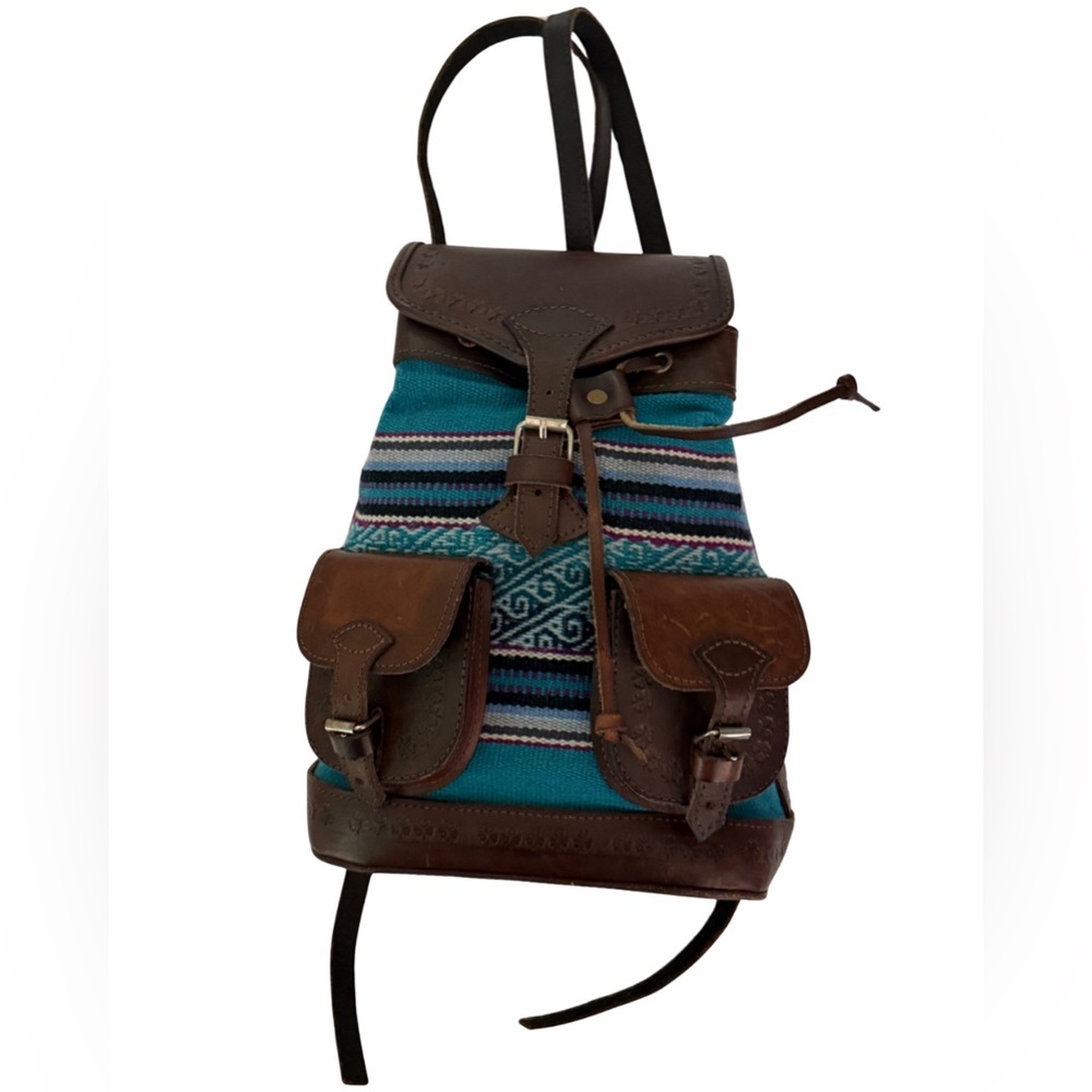 Ethnic Handmade Brown Leather and Teal Patterned Woven on Loom Mini Backpack